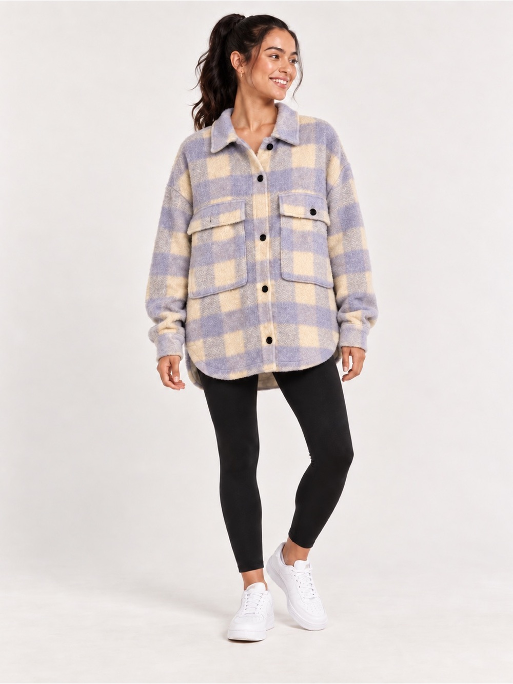 Zara Oversized Purple Cream Plaid Shacket Shirt Jacket Size Small
